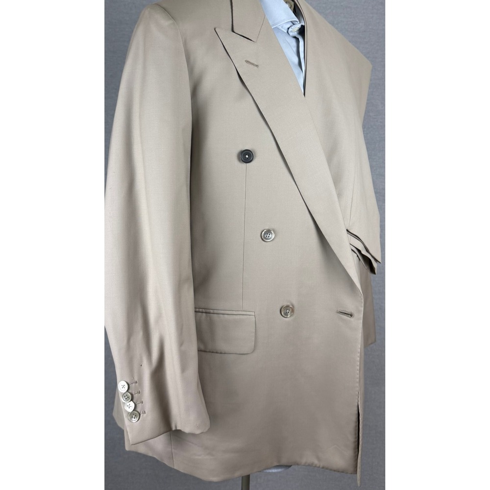 Bijan Vintage Mens Tan Wool Double Breasted Suit Jacket 42S 33x29